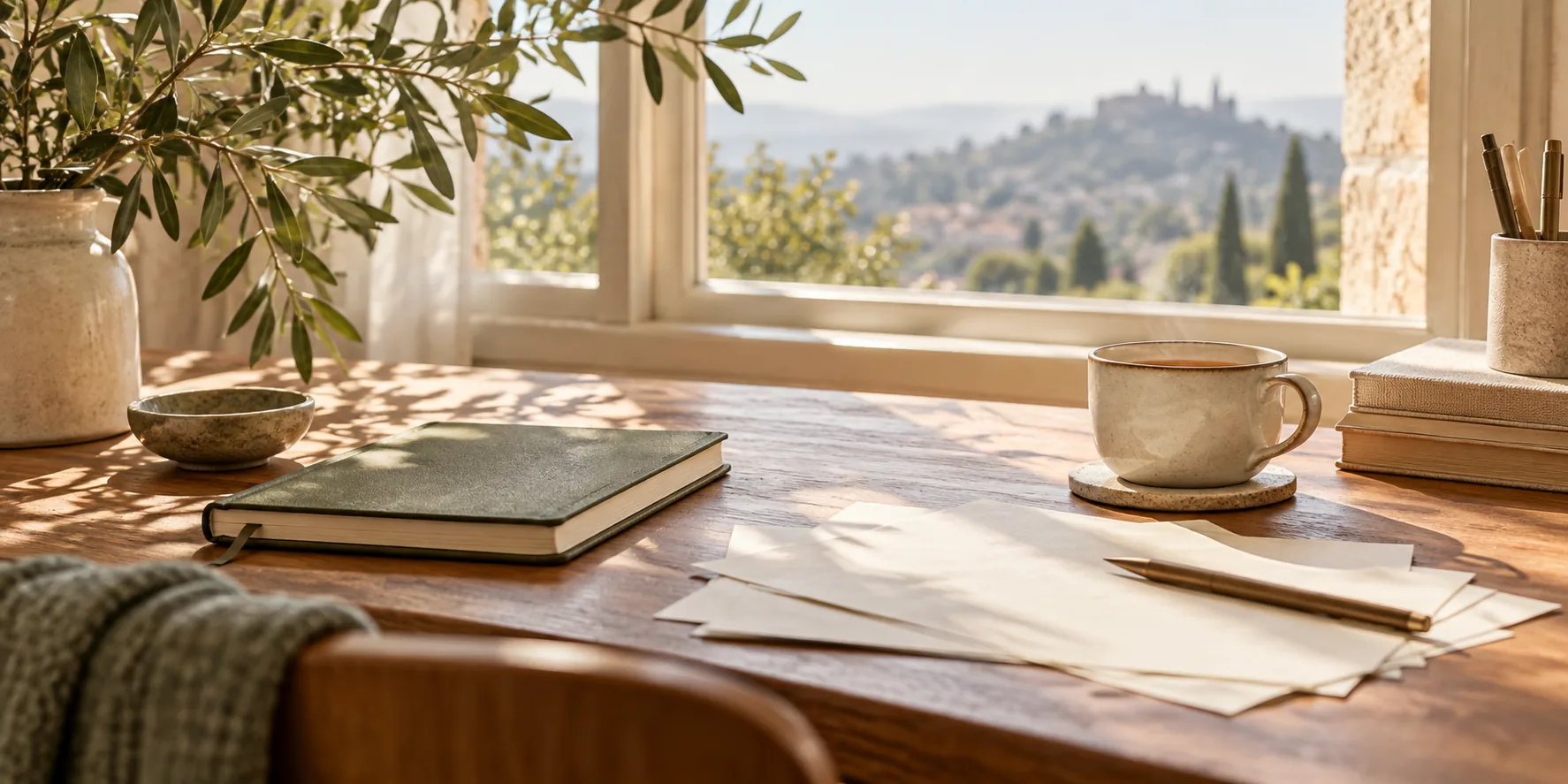 Pencere önündeki defter, kâğıtlar ve çayla kaygıyı konu alan temsili düzenleme